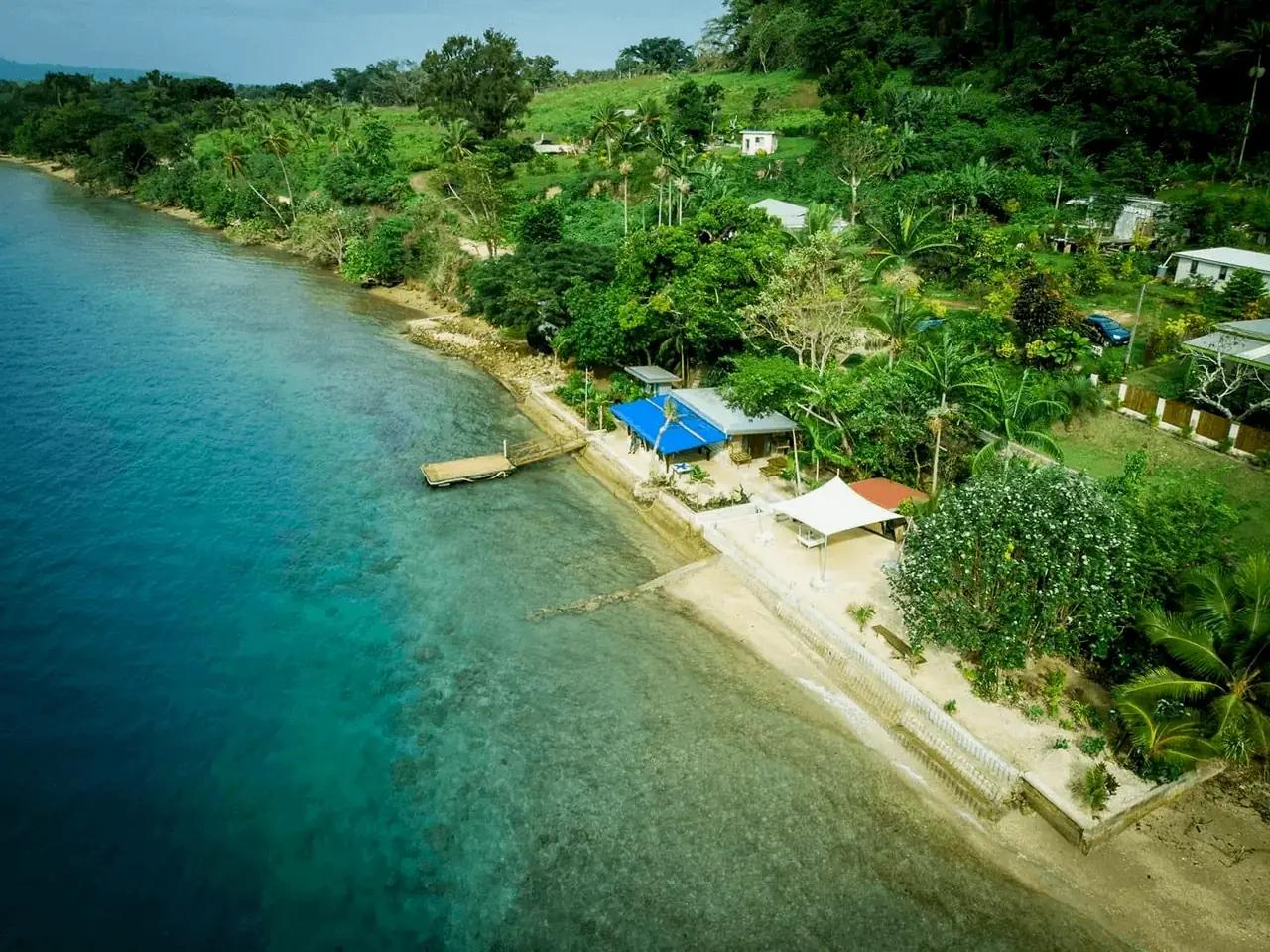 Aerial view of Starfish Beach Bar on the Espiritu Santo waterfront